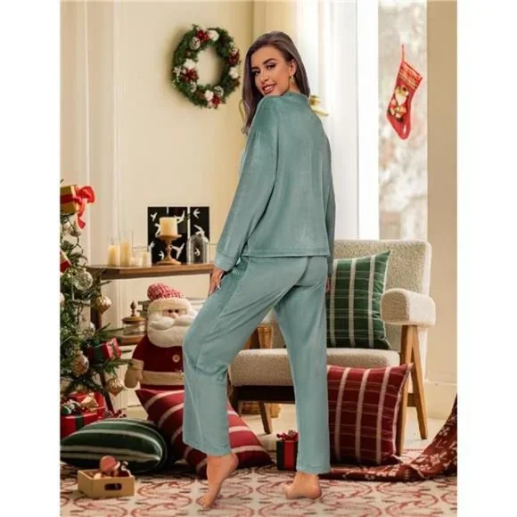 Women's Fluffy Pajamas Set 2 Piece Winter Warm Sleepwear Fuzzy, Green